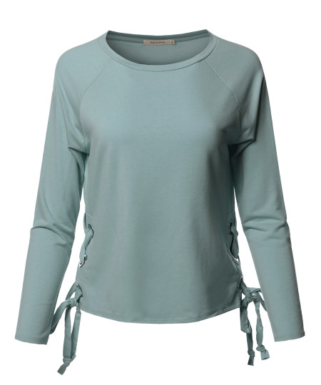 Women's Trendy Raglan Long Sleeves Side Lace Up French Terry Top