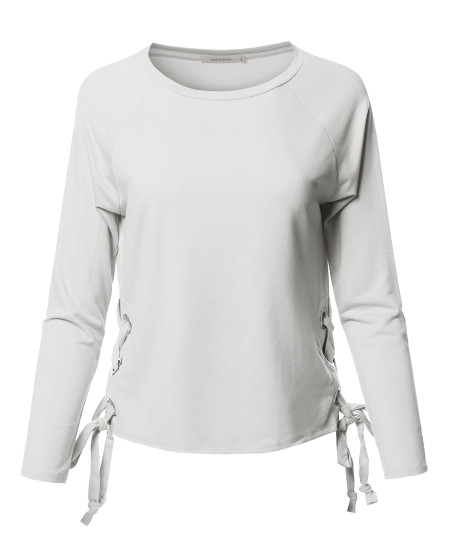 Women's Trendy Raglan Long Sleeves Side Lace Up French Terry Top