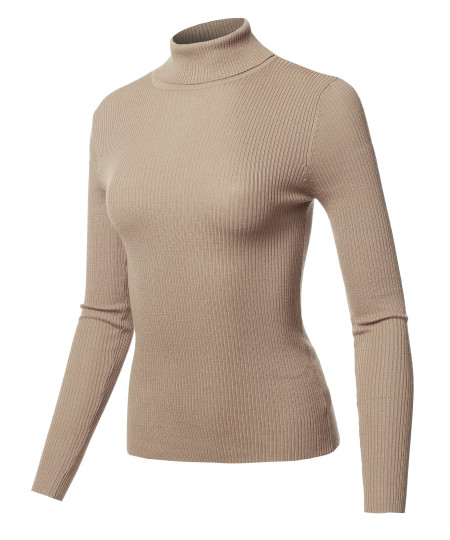 Women's Casual Solid Long sleeve Turtleneck Fitted Rib Sweater Top