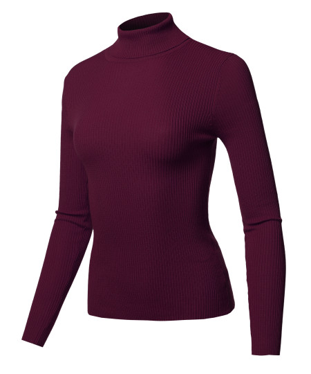 Women's Casual Solid Long sleeve Turtleneck Fitted Rib Sweater Top