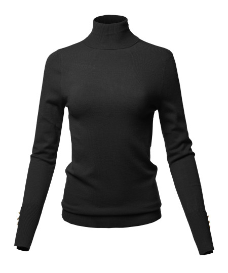 Women's Casual Solid Soft Light Weight Gold Button Turtleneck Sweater Top