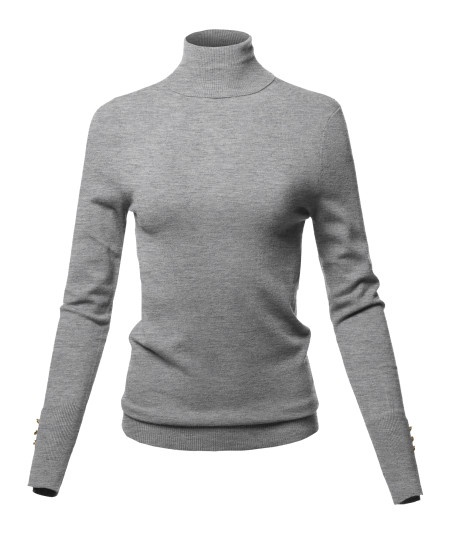 Women's Casual Solid Soft Light Weight Gold Button Turtleneck Sweater Top