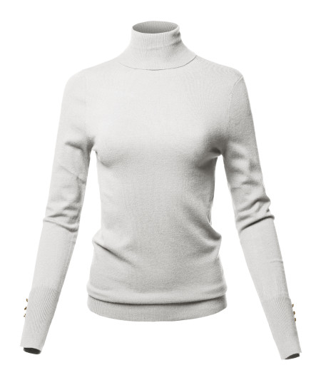 Women's Casual Solid Soft Light Weight Gold Button Turtleneck Sweater Top