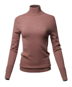 Women's Casual Solid Soft Light Weight Gold Button Turtleneck Sweater Top