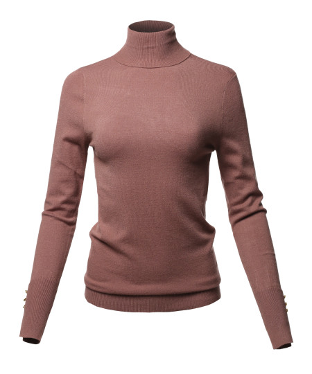 Women's Casual Solid Soft Light Weight Gold Button Turtleneck Sweater Top