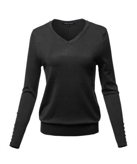 Women's Casual Premium quality With Gold Button Stretchy V-neck Sweater Top