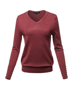 Women's Casual Premium quality With Gold Button Stretchy V-neck Sweater Top