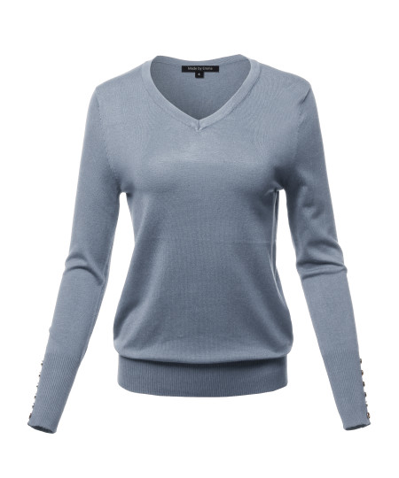 Women's Casual Premium quality With Gold Button Stretchy V-neck Sweater Top