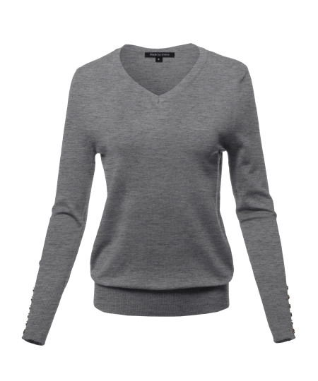 Women's Casual Premium quality With Gold Button Stretchy V-neck Sweater Top