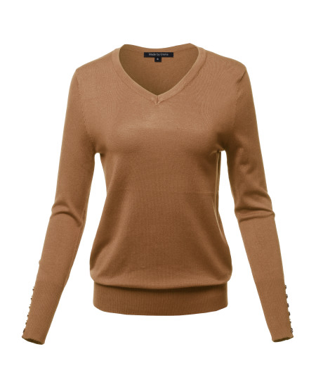 Women's Casual Premium quality With Gold Button Stretchy V-neck Sweater Top