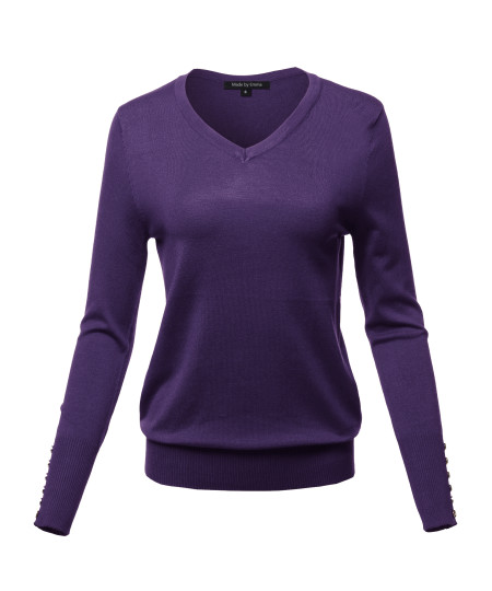 Women's Casual Premium quality With Gold Button Stretchy V-neck Sweater Top