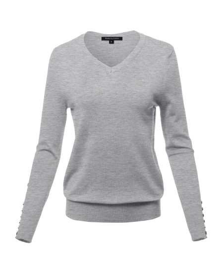 Women's Casual Premium quality With Gold Button Stretchy V-neck Sweater Top