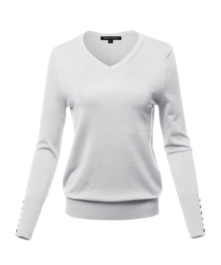 Women's Casual Premium quality With Gold Button Stretchy V-neck Sweater Top