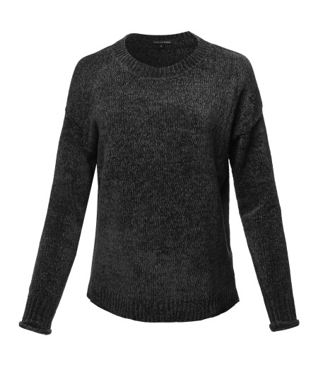 Women's Casual Chenille Sweaters Crew Neck Side Slit Pullover Sweater Tops