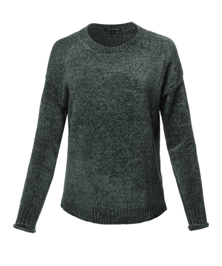 Women's Casual Chenille Sweaters Crew Neck Side Slit Pullover Sweater Tops