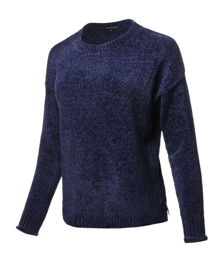 Women's Casual Chenille Sweaters Crew Neck Side Slit Pullover Sweater Tops
