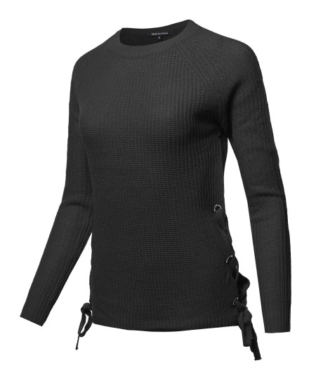 Women's Casual Long Sleeve Side Lace Up Pullover Sweater Knitted Tops