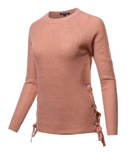 Women's Casual Long Sleeve Side Lace Up Pullover Sweater Knitted Tops