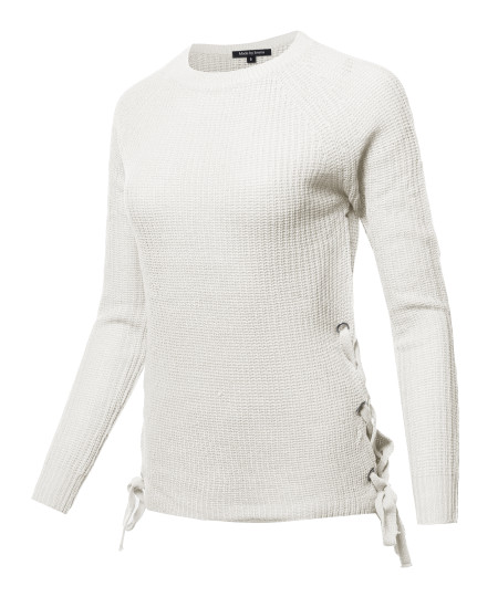 Women's Casual Long Sleeve Side Lace Up Pullover Sweater Knitted Tops