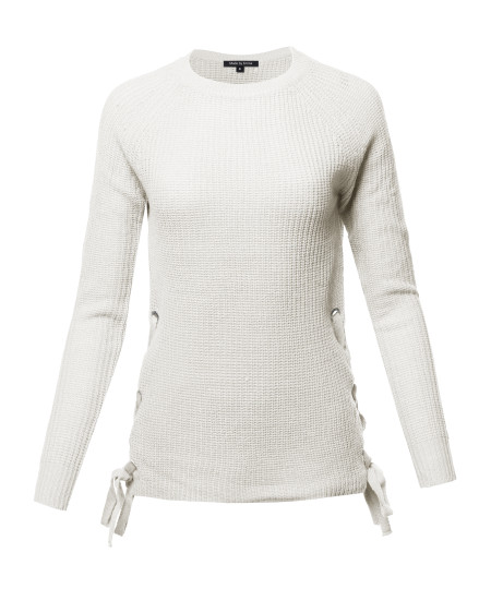 Women's Casual Long Sleeve Side Lace Up Pullover Sweater Knitted Tops