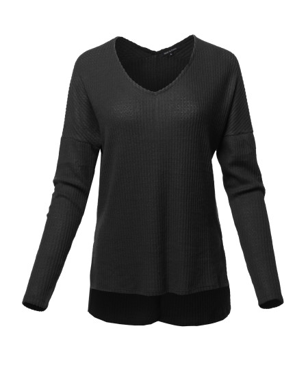 Women's Casual Long Sleeve Dolman V-Neck Brushed Waffle Knit Tops