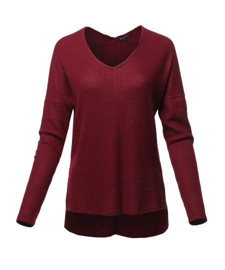 Women's Casual Long Sleeve Dolman V-Neck Brushed Waffle Knit Tops