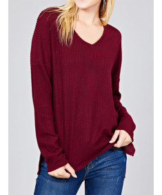 Women's Casual Long Sleeve Dolman V-Neck Brushed Waffle Knit Tops