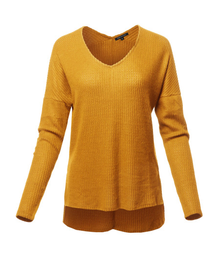 Women's Casual Long Sleeve Dolman V-Neck Brushed Waffle Knit Tops