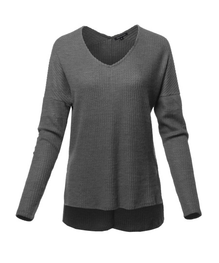 Women's Casual Long Sleeve Dolman V-Neck Brushed Waffle Knit Tops