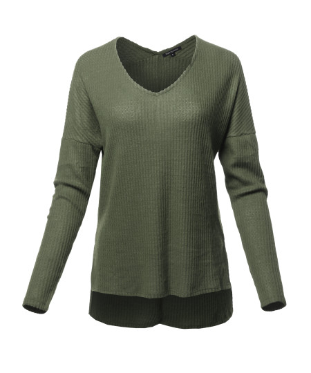 Women's Casual Long Sleeve Dolman V-Neck Brushed Waffle Knit Tops