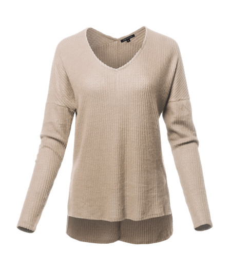 Women's Casual Long Sleeve Dolman V-Neck Brushed Waffle Knit Tops