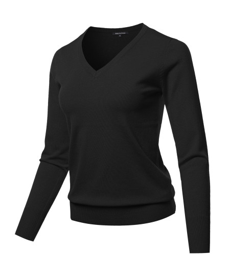 Women's Solid Basic Long Sleeve V Neck Classic Sweater