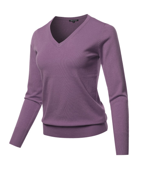 Women's Solid Basic Long Sleeve V Neck Classic Sweater