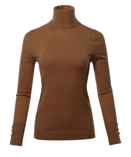 Women's Solid Long Sleeve Gold Button Detail Turtle Neck Viscose Sweater Top