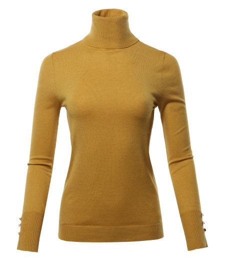 Women's Solid Long Sleeve Gold Button Detail Turtle Neck Viscose Sweater Top