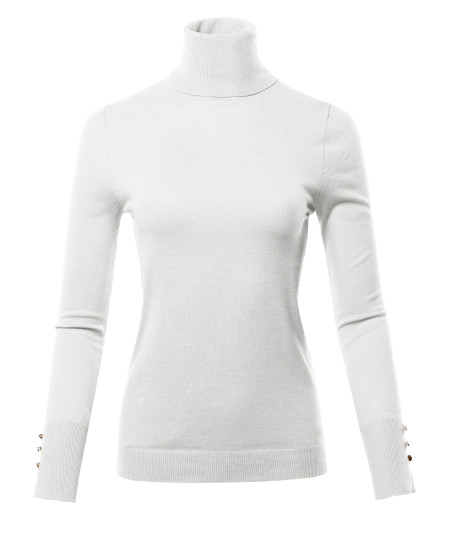 Women's Solid Long Sleeve Gold Button Detail Turtle Neck Viscose Sweater Top