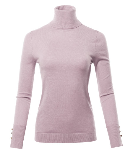 Women's Solid Long Sleeve Gold Button Detail Turtle Neck Viscose Sweater Top