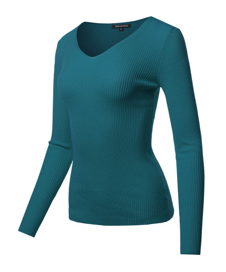 Women's LONG SLEEVE V-NECK FITTED RIB SWEATER TOP