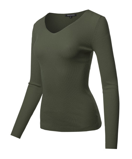 Women's LONG SLEEVE V-NECK FITTED RIB SWEATER TOP