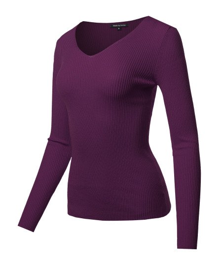 Women's LONG SLEEVE V-NECK FITTED RIB SWEATER TOP