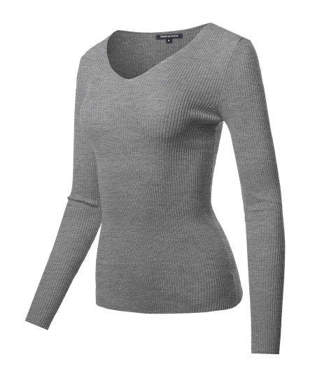 Women's LONG SLEEVE V-NECK FITTED RIB SWEATER TOP