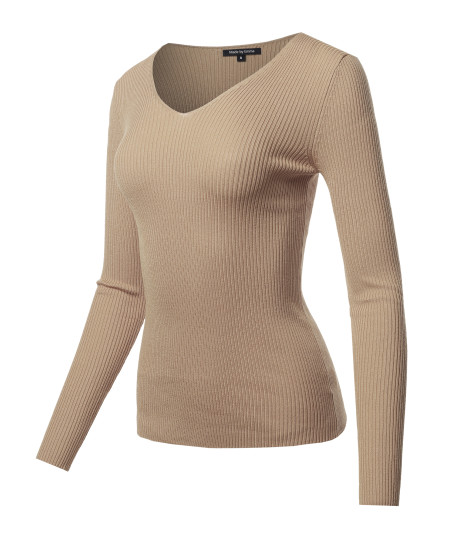 Women's LONG SLEEVE V-NECK FITTED RIB SWEATER TOP