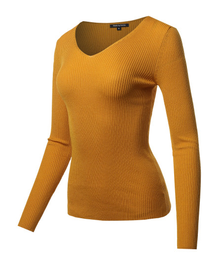 Women's LONG SLEEVE V-NECK FITTED RIB SWEATER TOP