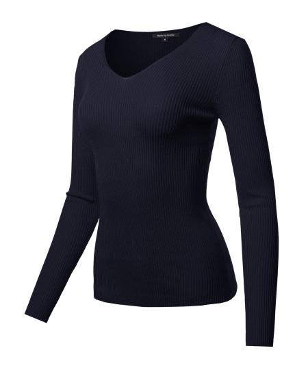 Women's LONG SLEEVE V-NECK FITTED RIB SWEATER TOP