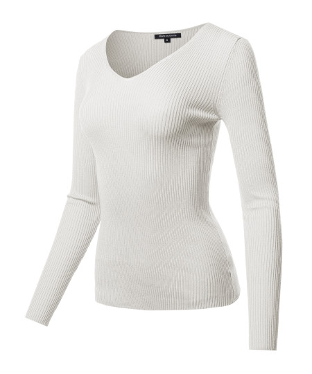 Women's LONG SLEEVE V-NECK FITTED RIB SWEATER TOP