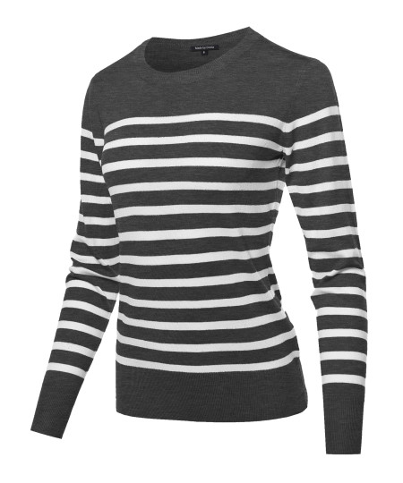 Women's Round Neck Striped Pullover Long Sleeve Top