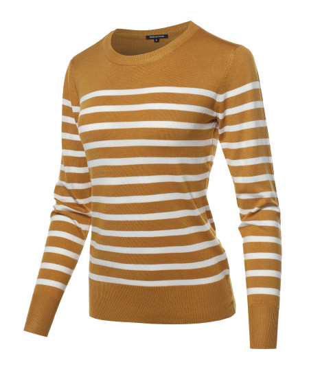 Women's Round Neck Striped Pullover Long Sleeve Top