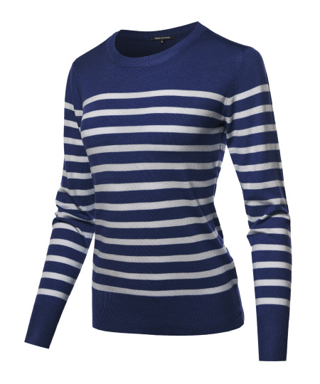 Women's Round Neck Striped Pullover Long Sleeve Top