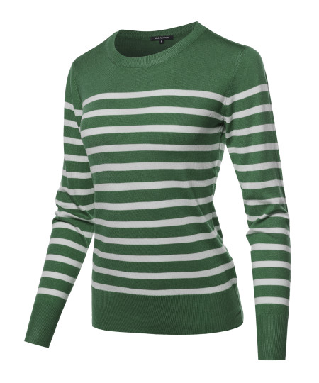 Women's Round Neck Striped Pullover Long Sleeve Top