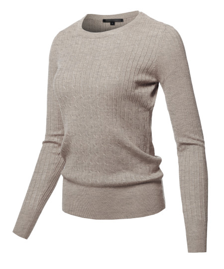 Women's Lightweight Solid Long Sleeve Crew Neck Cable Knit Sweater